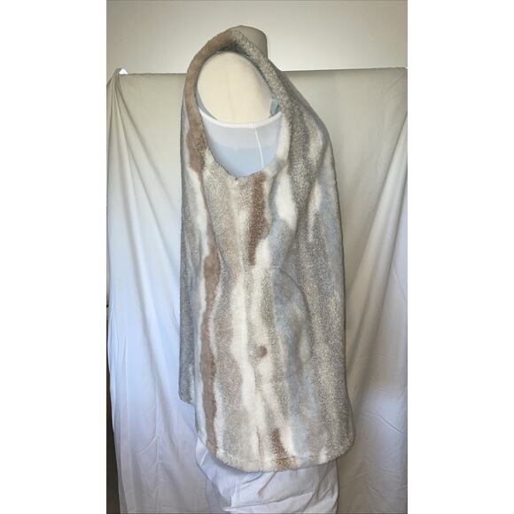 Long Sherpa Faux Fur Lined Open Vest Cardigan Pockets World Market Blue Cream - Picture 3 of 13